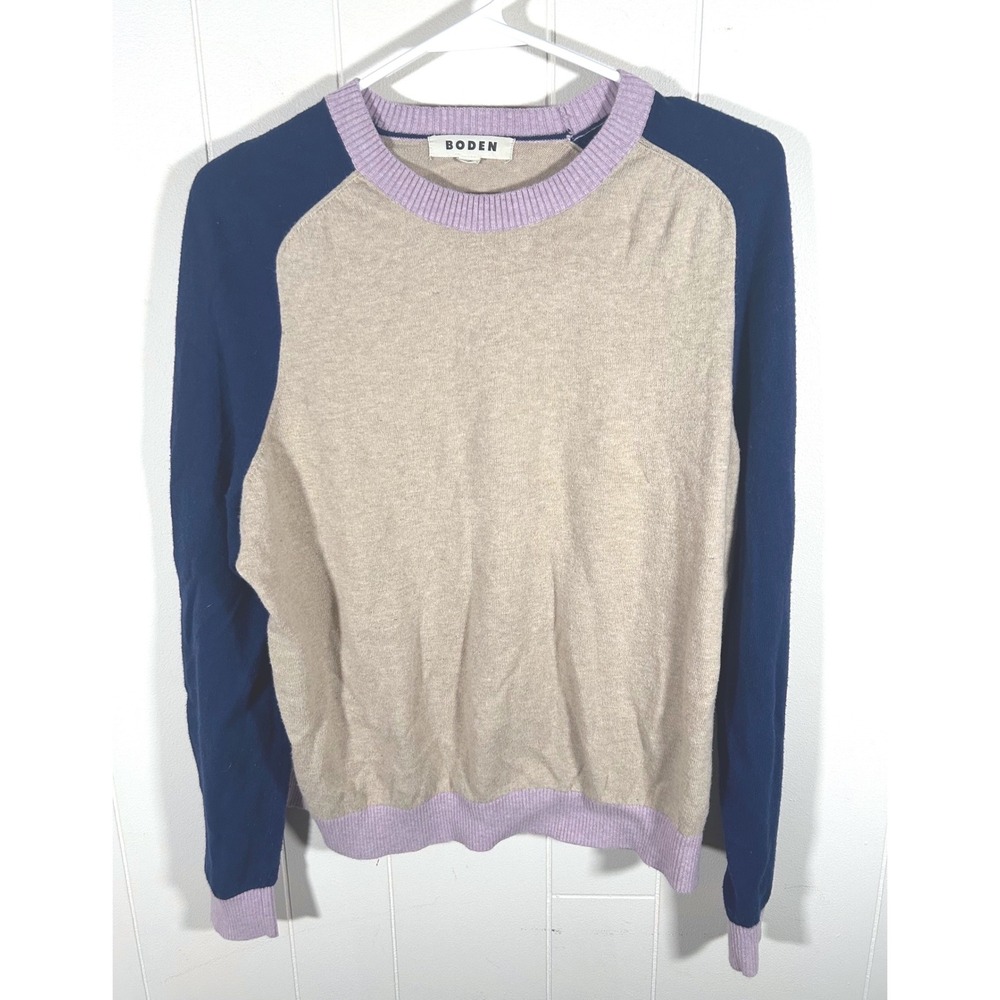 Boden Meg Raglan Sweater Colorblock Tan Navy Purple Crew Neck Knit Large